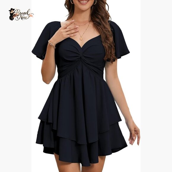 Sweetheart Knot Front Smocked Back Chiffon Mini Dress Boho Casual Summer
